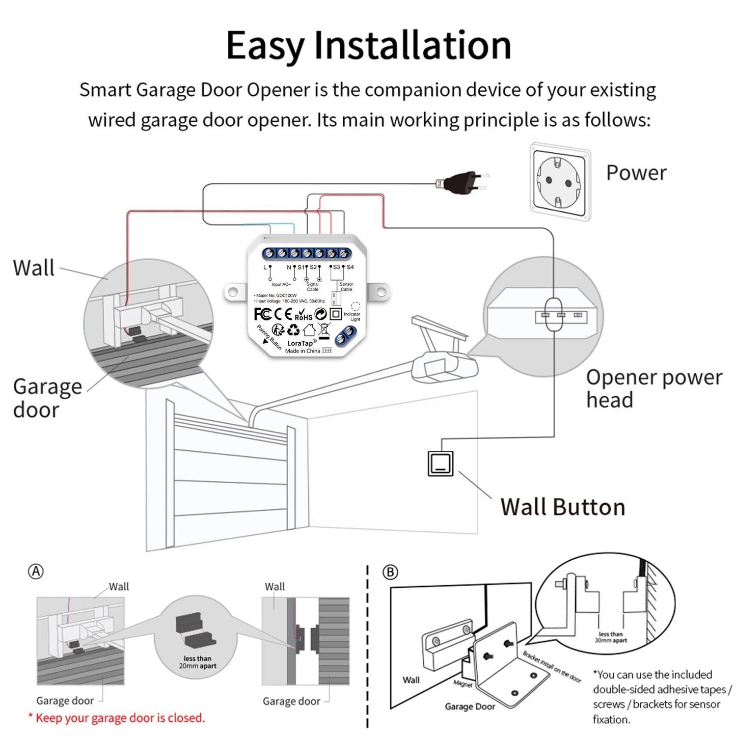 Abridor de puerta de garaje inteligente Wi-Fi (Controlador con sensores de contacto con cable) - Compatible con Tuya, Smart Life, Alexa y Google Assistant