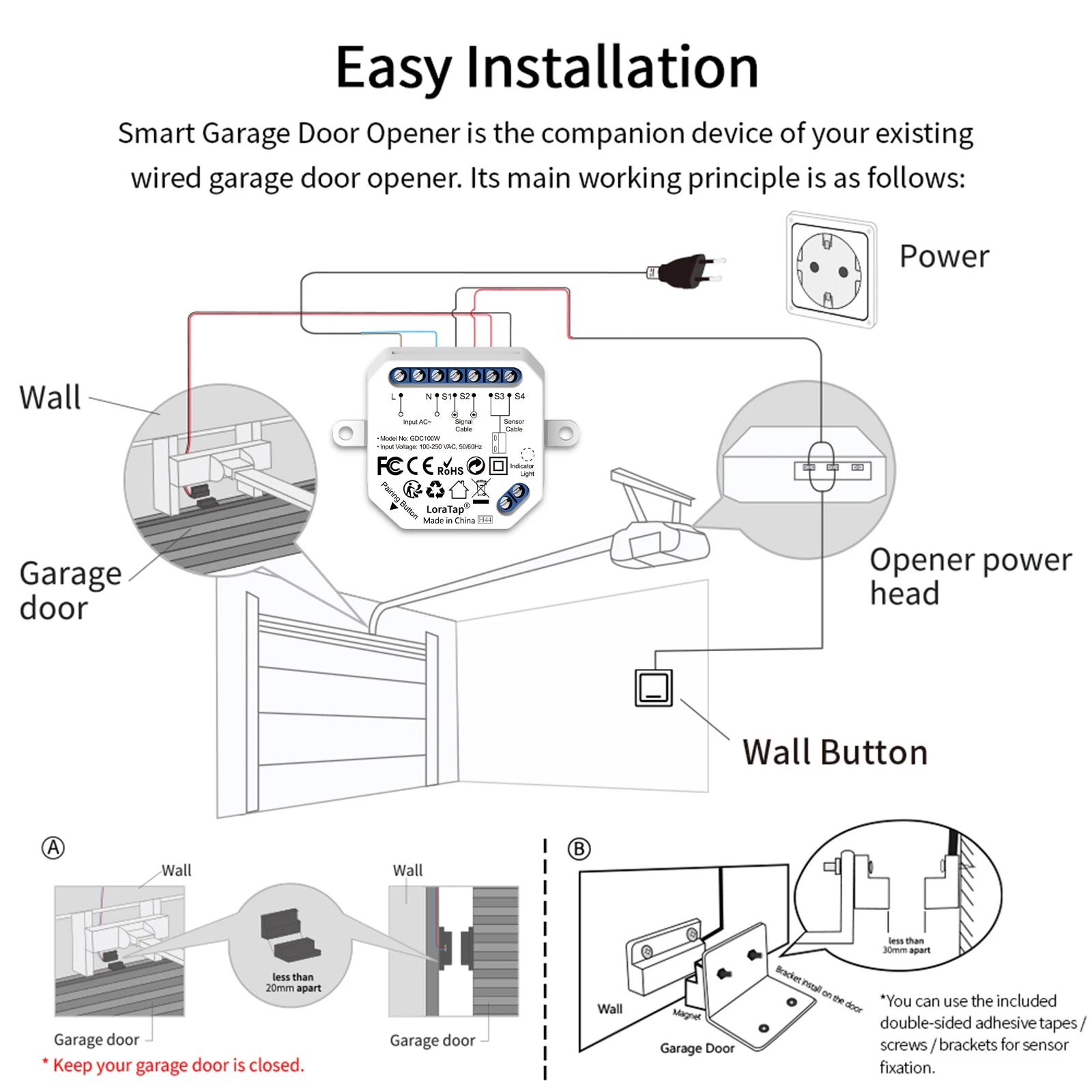 Abridor de puerta de garaje inteligente Wi-Fi (Controlador con sensores de contacto con cable) - Compatible con Tuya, Smart Life, Alexa y Google Assistant