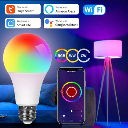 Bombillas LED inteligentes Tuya Wi-Fi (110V / 220V, 10W / 15W / 20W, E27) - Lámpara LED RGB, app Smart Life y control por voz con Alexa y Google Assistant