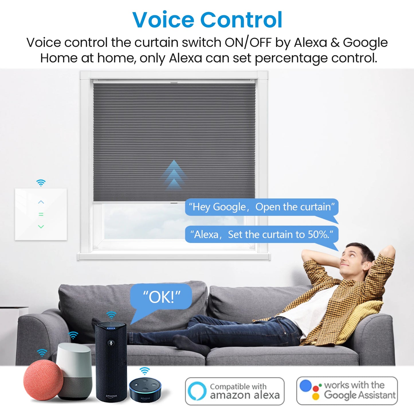 QCSMART Interruptor de Persianas Enrollables con Retroiluminación, Control por Porcentaje Tuya Smart Life, Compatible con Google Assistant y Alexa