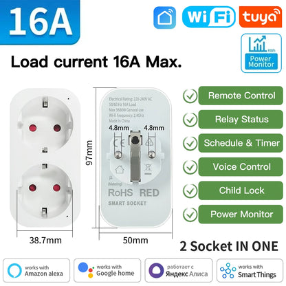 Enchufe inteligente TUYA Wi-Fi o Zigbee 3.0 (Toma UE 16A/20A) - Monitor de energía, función de temporizador y control por voz compatible con Alexa y Google Home